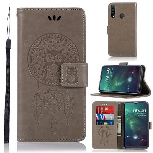 Intricate Embossing Owl Campanula Leather Wallet Case for Samsung Galaxy A20s - Grey