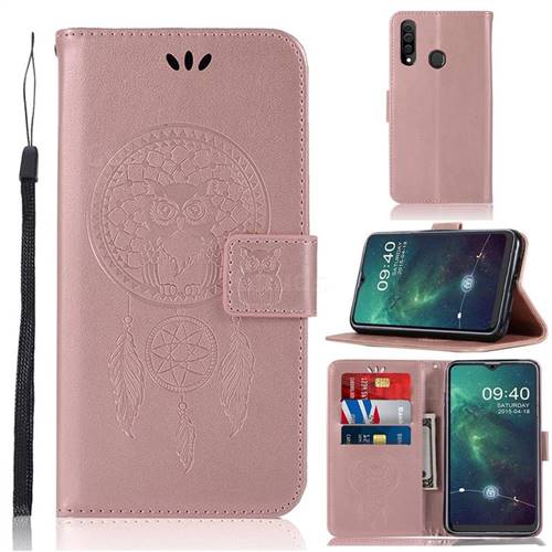 Intricate Embossing Owl Campanula Leather Wallet Case for Samsung Galaxy A20s - Rose Gold