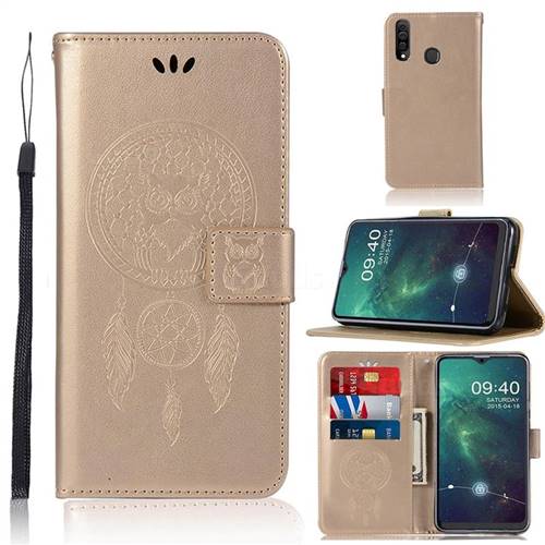 Intricate Embossing Owl Campanula Leather Wallet Case for Samsung Galaxy A20s - Champagne