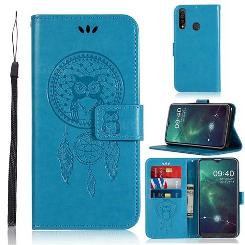 Intricate Embossing Owl Campanula Leather Wallet Case for Samsung Galaxy A20s - Blue