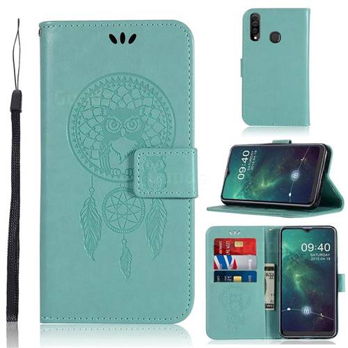 Intricate Embossing Owl Campanula Leather Wallet Case for Samsung Galaxy A20s - Green