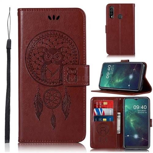 Intricate Embossing Owl Campanula Leather Wallet Case for Samsung Galaxy A20s - Brown