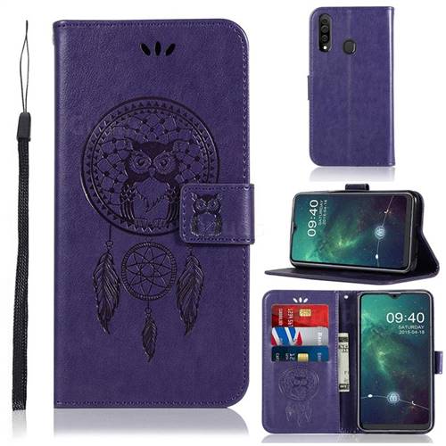 Intricate Embossing Owl Campanula Leather Wallet Case for Samsung Galaxy A20s - Purple