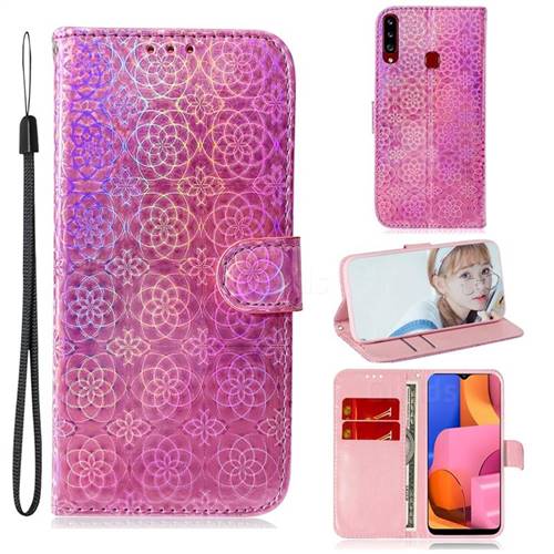 Laser Circle Shining Leather Wallet Phone Case for Samsung Galaxy A20s - Pink