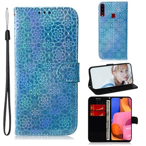 Laser Circle Shining Leather Wallet Phone Case for Samsung Galaxy A20s - Blue