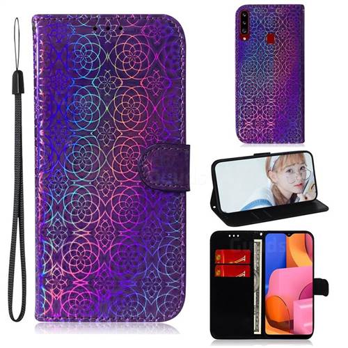 Laser Circle Shining Leather Wallet Phone Case for Samsung Galaxy A20s - Purple