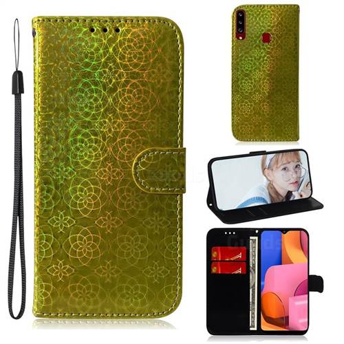 Laser Circle Shining Leather Wallet Phone Case for Samsung Galaxy A20s - Golden