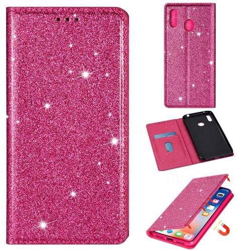 Ultra Slim Glitter Powder Magnetic Automatic Suction Leather Wallet Case for Samsung Galaxy A20s - Rose Red