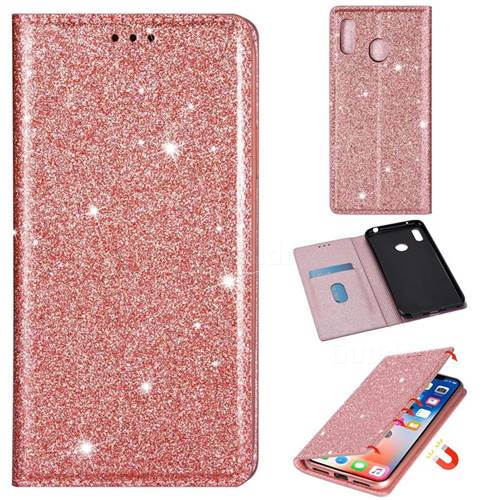 Ultra Slim Glitter Powder Magnetic Automatic Suction Leather Wallet Case for Samsung Galaxy A20s - Rose Gold