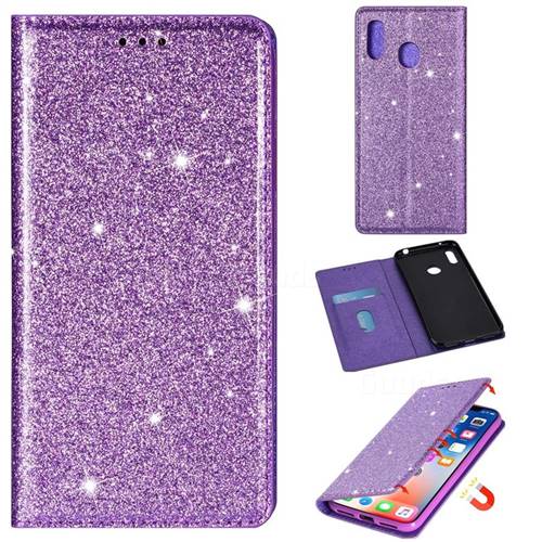 Ultra Slim Glitter Powder Magnetic Automatic Suction Leather Wallet Case for Samsung Galaxy A20s - Purple