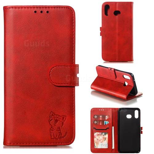 Embossing Happy Cat Leather Wallet Case for Samsung Galaxy A20s - Red