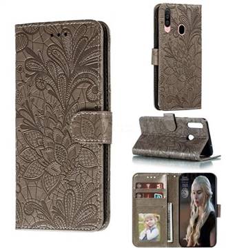 Intricate Embossing Lace Jasmine Flower Leather Wallet Case for Samsung Galaxy A20s - Gray