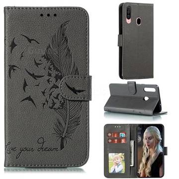 Intricate Embossing Lychee Feather Bird Leather Wallet Case for Samsung Galaxy A20s - Gray