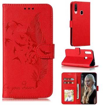 Intricate Embossing Lychee Feather Bird Leather Wallet Case for Samsung Galaxy A20s - Red