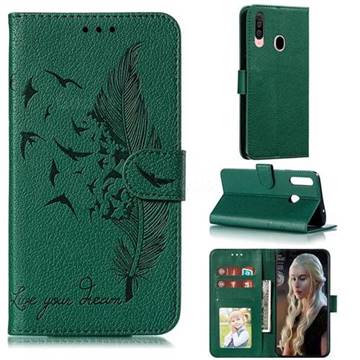Intricate Embossing Lychee Feather Bird Leather Wallet Case for Samsung Galaxy A20s - Green