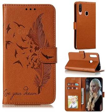 Intricate Embossing Lychee Feather Bird Leather Wallet Case for Samsung Galaxy A20s - Brown
