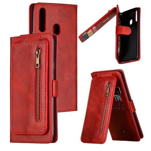 Multifunction 9 Cards Leather Zipper Wallet Phone Case for Samsung Galaxy A20s - Red