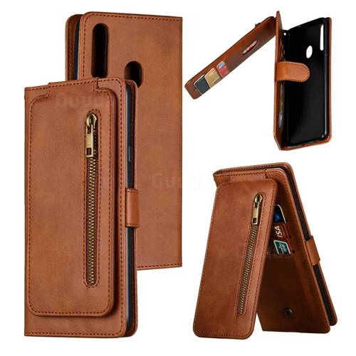 Multifunction 9 Cards Leather Zipper Wallet Phone Case for Samsung Galaxy A20s - Brown