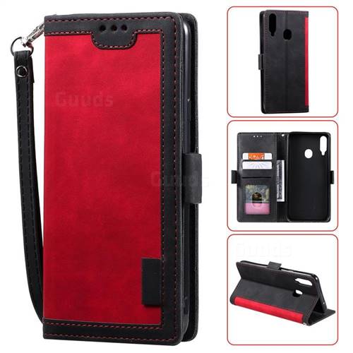 Luxury Retro Stitching Leather Wallet Phone Case for Samsung Galaxy A20s - Deep Red