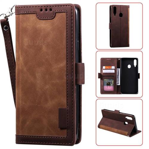 Luxury Retro Stitching Leather Wallet Phone Case for Samsung Galaxy A20s - Dark Brown