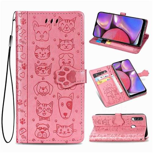 Embossing Dog Paw Kitten and Puppy Leather Wallet Case for Samsung Galaxy A20s - Pink