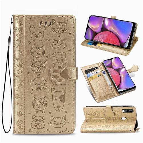 Embossing Dog Paw Kitten and Puppy Leather Wallet Case for Samsung Galaxy A20s - Champagne Gold