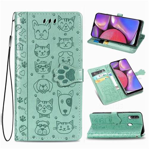 Embossing Dog Paw Kitten and Puppy Leather Wallet Case for Samsung Galaxy A20s - Green