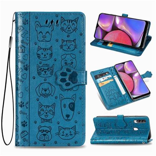 Embossing Dog Paw Kitten and Puppy Leather Wallet Case for Samsung Galaxy A20s - Blue