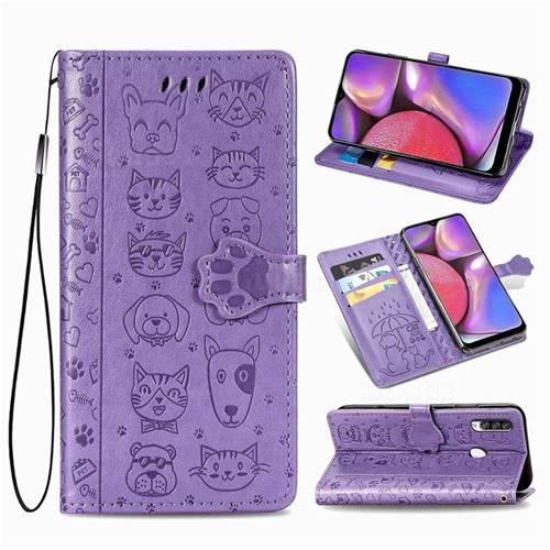 Embossing Dog Paw Kitten and Puppy Leather Wallet Case for Samsung Galaxy A20s - Purple
