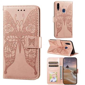 Intricate Embossing Rose Flower Butterfly Leather Wallet Case for Samsung Galaxy A20s - Rose Gold