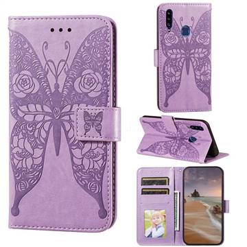 Intricate Embossing Rose Flower Butterfly Leather Wallet Case for Samsung Galaxy A20s - Purple