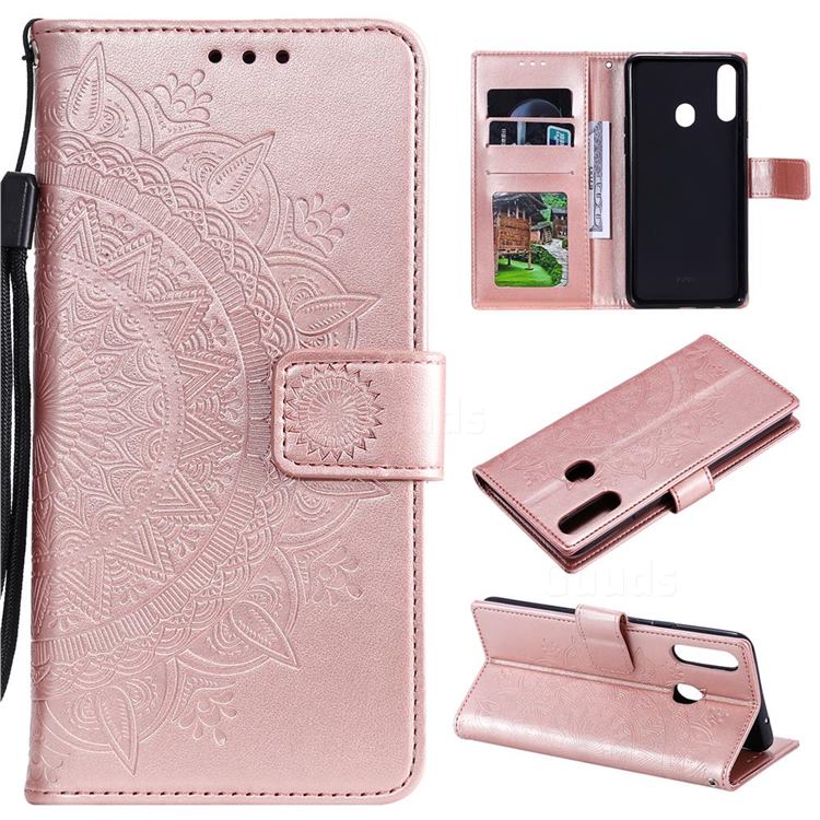 Intricate Embossing Datura Leather Wallet Case for Samsung Galaxy A20s - Rose Gold