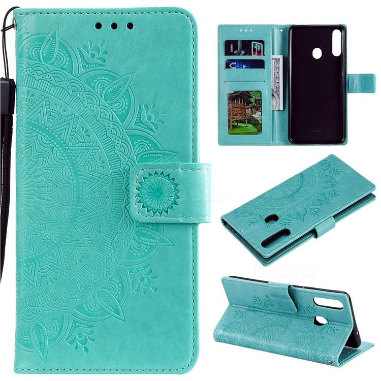 Intricate Embossing Datura Leather Wallet Case for Samsung Galaxy A20s - Mint Green