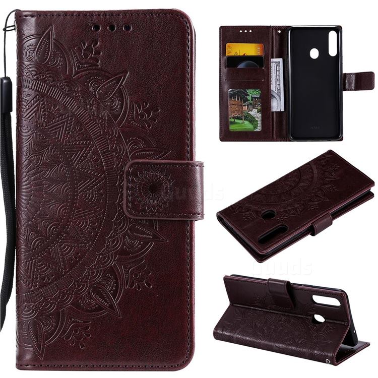 Intricate Embossing Datura Leather Wallet Case for Samsung Galaxy A20s - Brown