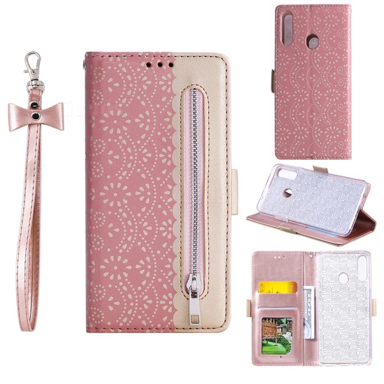 Luxury Lace Zipper Stitching Leather Phone Wallet Case for Samsung Galaxy A20s - Pink