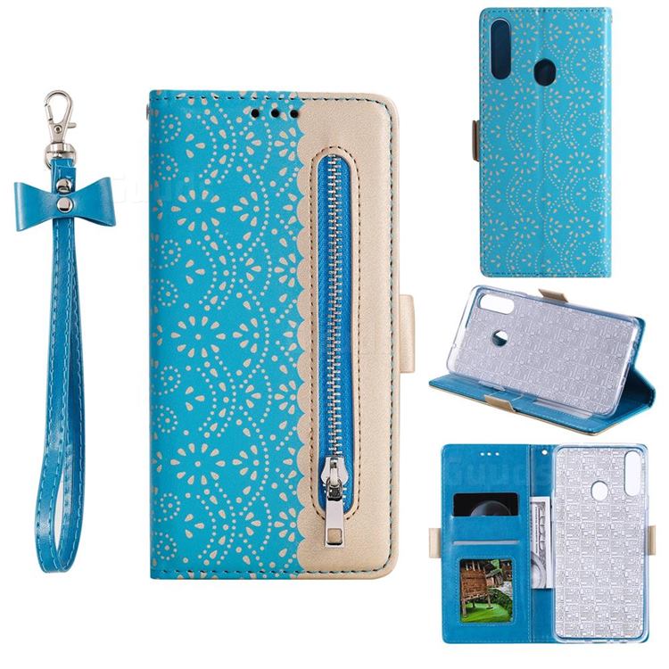 Luxury Lace Zipper Stitching Leather Phone Wallet Case for Samsung Galaxy A20s - Blue