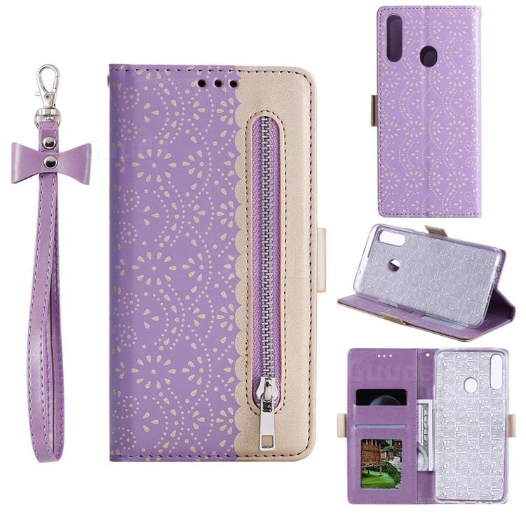 Luxury Lace Zipper Stitching Leather Phone Wallet Case for Samsung Galaxy A20s - Purple