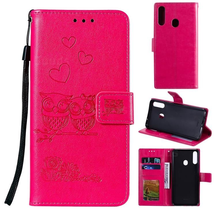 Embossing Owl Couple Flower Leather Wallet Case for Samsung Galaxy A20s - Red