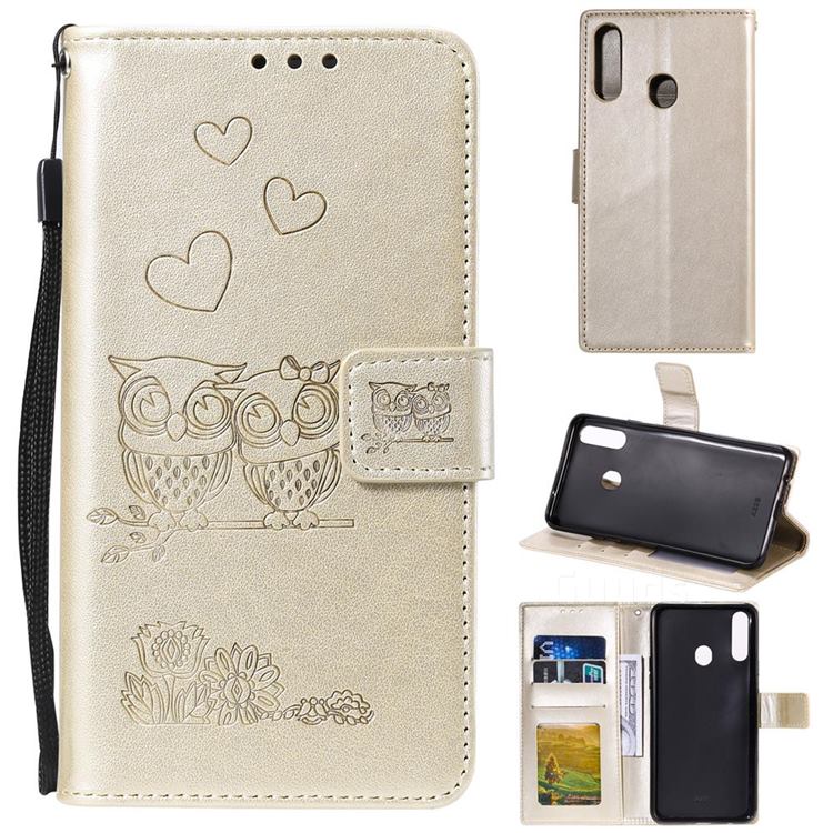 Embossing Owl Couple Flower Leather Wallet Case for Samsung Galaxy A20s - Golden