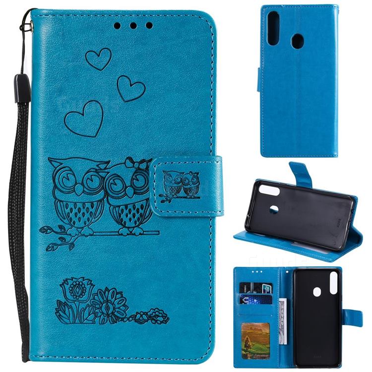 Embossing Owl Couple Flower Leather Wallet Case for Samsung Galaxy A20s - Blue
