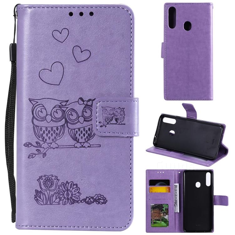 Embossing Owl Couple Flower Leather Wallet Case for Samsung Galaxy A20s - Purple