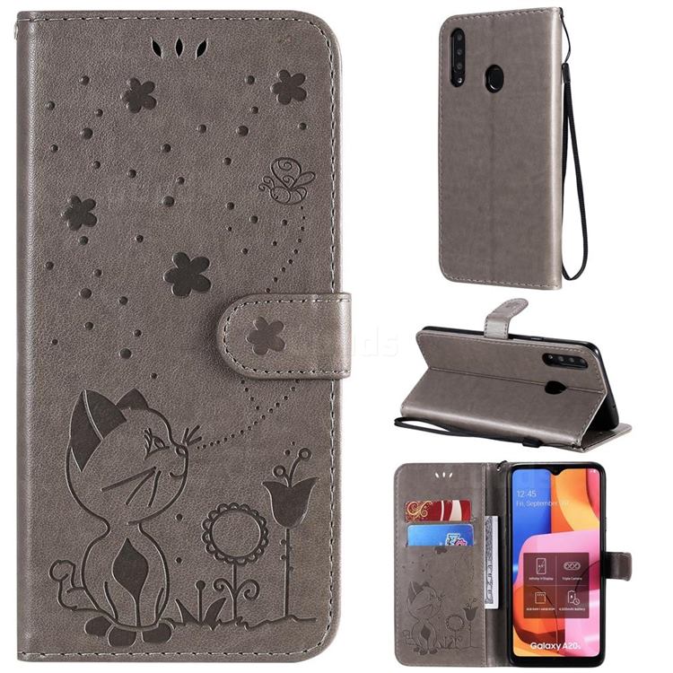 Embossing Bee and Cat Leather Wallet Case for Samsung Galaxy A20s - Gray