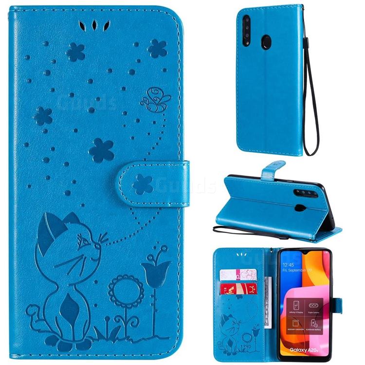 Embossing Bee and Cat Leather Wallet Case for Samsung Galaxy A20s - Blue