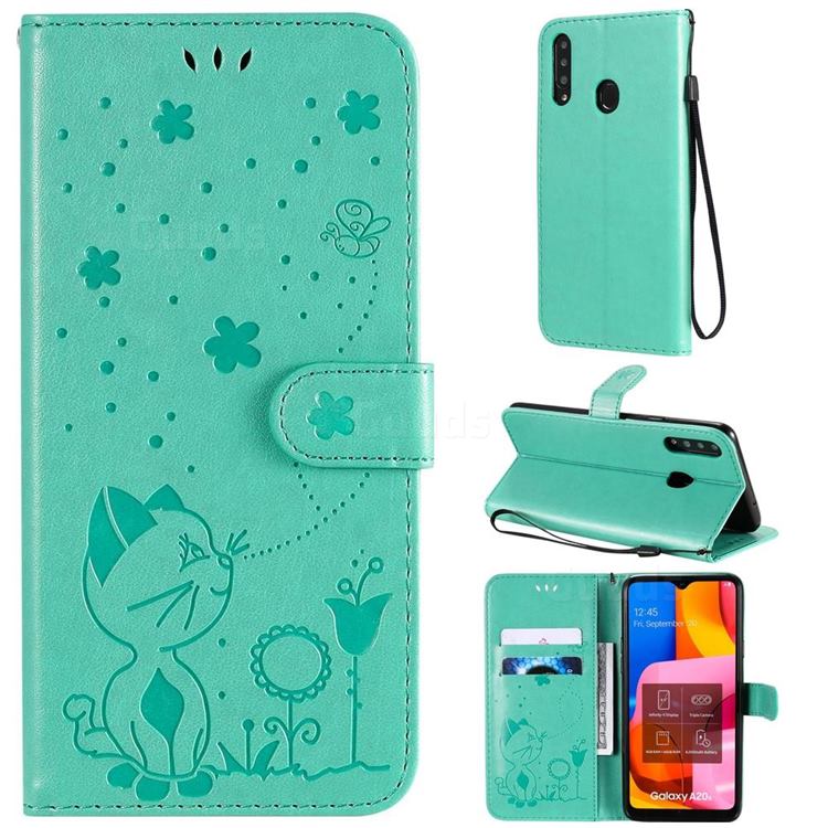 Embossing Bee and Cat Leather Wallet Case for Samsung Galaxy A20s - Green
