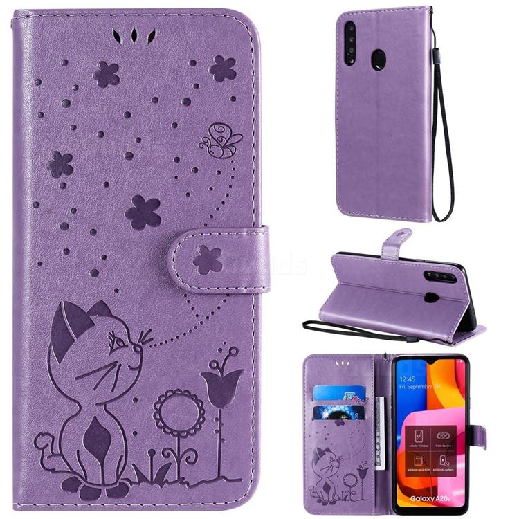 Embossing Bee and Cat Leather Wallet Case for Samsung Galaxy A20s - Purple