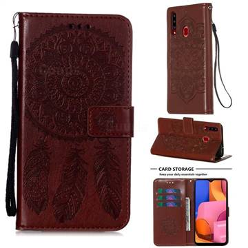 Embossing Dream Catcher Mandala Flower Leather Wallet Case for Samsung Galaxy A20s - Brown