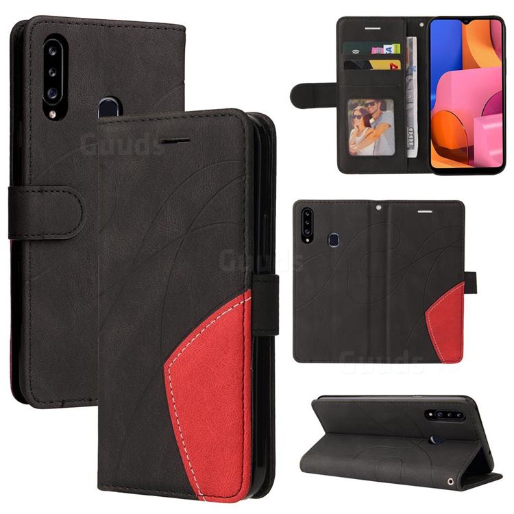 Luxury Two-color Stitching Leather Wallet Case Cover for Samsung Galaxy A20s - Black