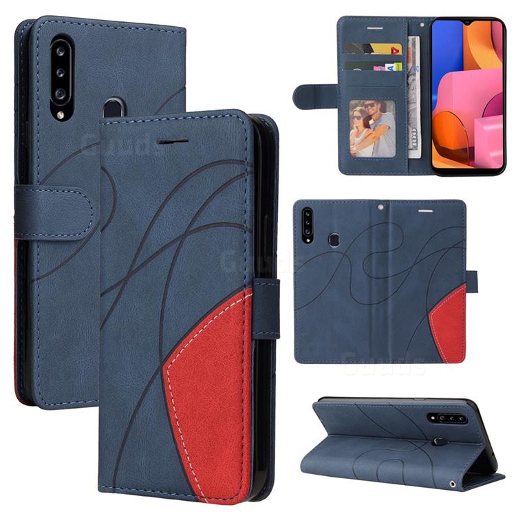 Luxury Two-color Stitching Leather Wallet Case Cover for Samsung Galaxy A20s - Blue
