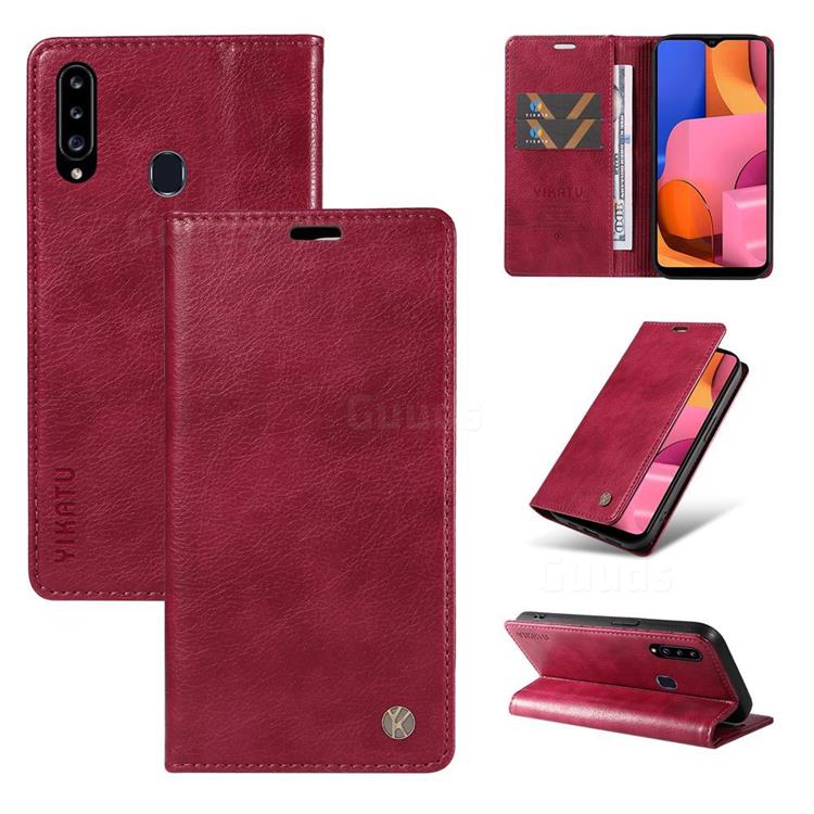 YIKATU Litchi Card Magnetic Automatic Suction Leather Flip Cover for Samsung Galaxy A20s - Wine Red