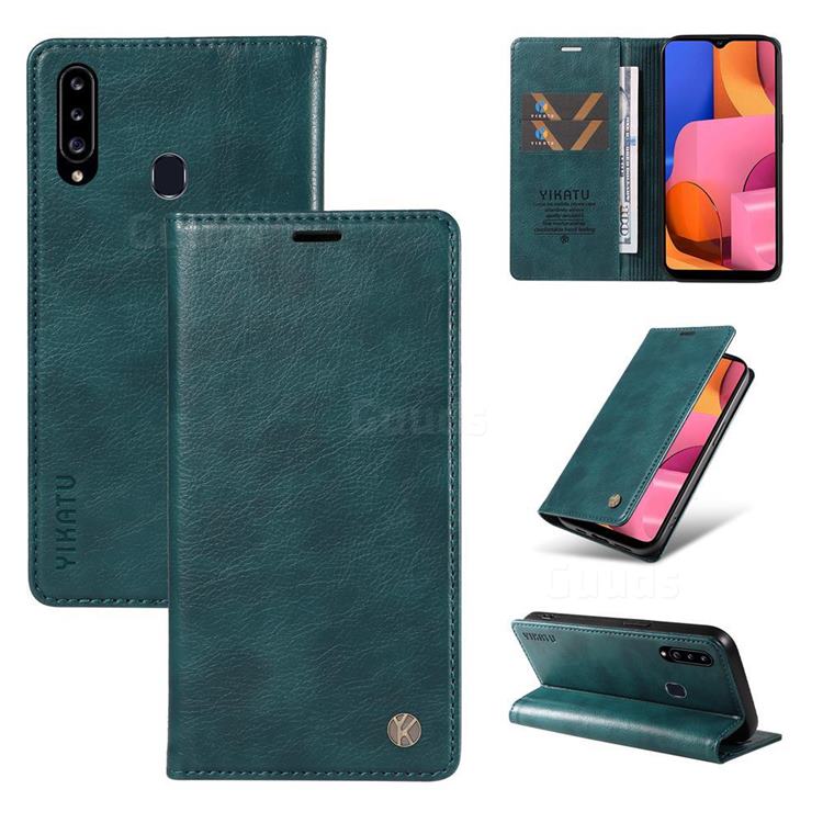 YIKATU Litchi Card Magnetic Automatic Suction Leather Flip Cover for Samsung Galaxy A20s - Dark Blue